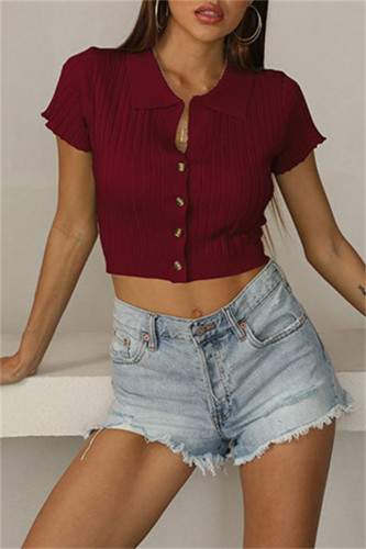 Burgundy Fashion Casual Solid Basic Turndown Collar T-Shirts