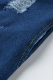 Azul bebê moda casual adulto gola aberta rasgada manga longa jeans reta