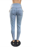 Babyblauwe sexy casual effen gescheurde uitgeholde Frenulum mid waist skinny denim jeans