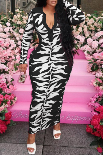 Black Fashion Sexy Print Buckle Turndown Collar Long Sleeve Plus Size Dresses
