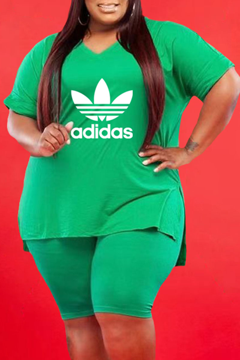 

Green Plus Size Sportswear Print Split Joint V Neck Plus Size Two Pieces