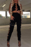 Black Fashion Sexy Solid Hollowed Out Vests Pants O Neck Sleeveless Two Pieces