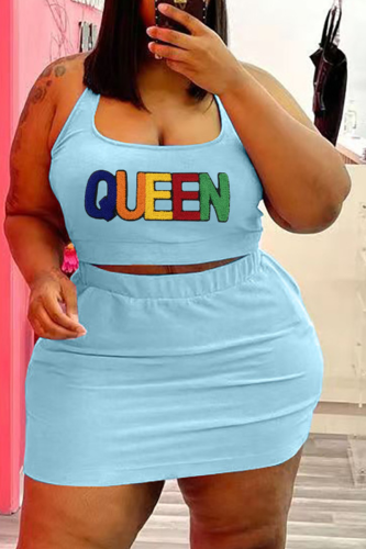 Light Blue Casual Print Patchwork U Neck Pencil Skirt Plus Size Two Pieces