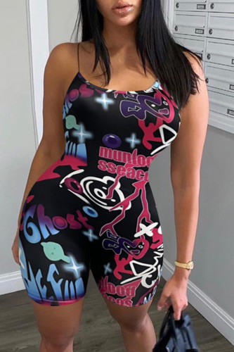 Black Fashion Sexy Print Backless Spaghetti Strap Skinny Romper