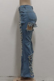 Baby Blue Fashion Casual Solid Ripped Mid Waist Regular Denim Jeans
