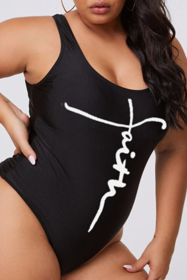 Zwarte mode sexy print backless U-hals plus size badmode
