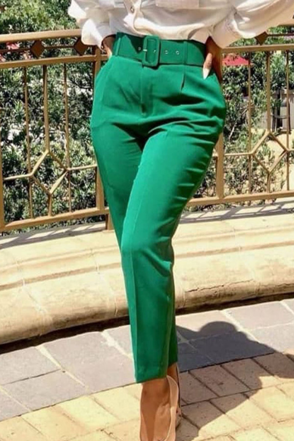 Verde Casual Retazos lisos Regular Cintura alta Lápiz Pantalones de color sólido