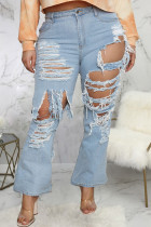 Baby Blue Fashion Casual Solid Mid Waist Regular Distressed Ripped Denim Jeans