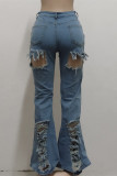 Jeans jeans azul bebê fashion casual rasgado com cintura média regular