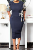 Blue Gray Fashion Casual Print Patchwork O Neck Short Sleeve Pencil Dresses