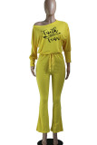 Yellow Casual Print Patchwork Oblique Collar Straight Jumpsuits
