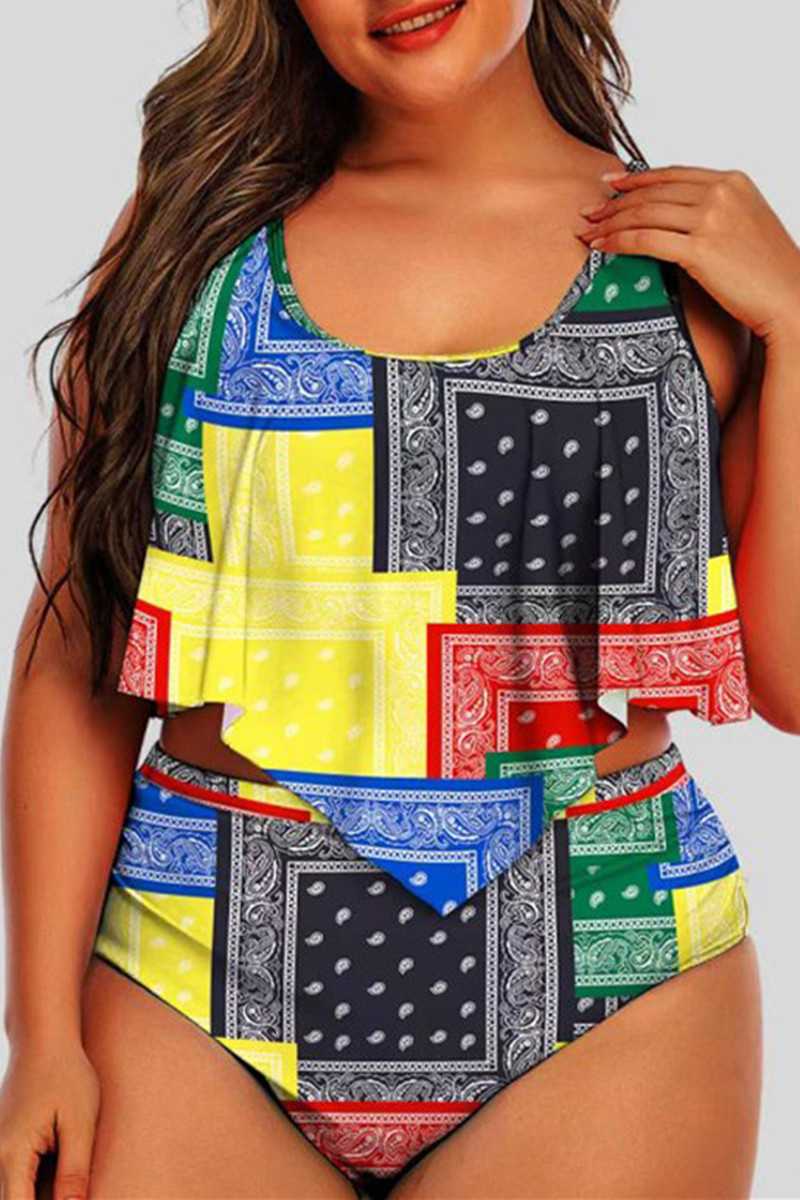 

Multicolor Fashion Sexy Print Backless U Neck Plus Size Swimwear