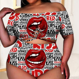 Zwart rood sexy print uitgehold backless off-shoulder plus size badmode