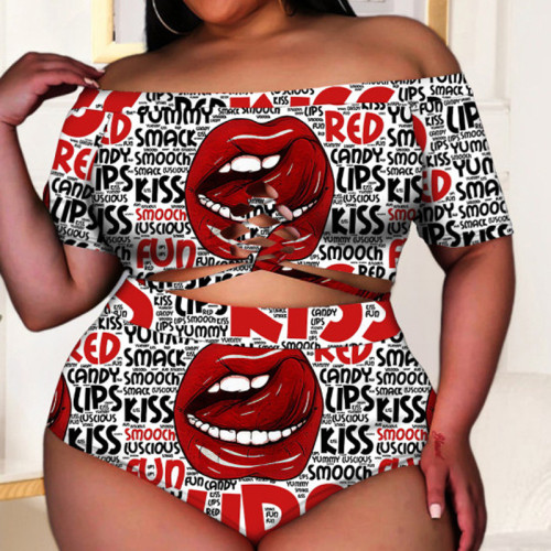 Black Red Sexy Print Hollowed Out Backless Off the Shoulder Plus Size Swimwear