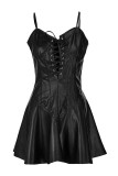 Vestido de tirantes de cuello cuadrado con diseño de correa sólida sexy de moda negra