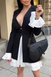Zwart Wit Mode Sexy Patchwork Volant V-hals Jurken met Lange Mouwen