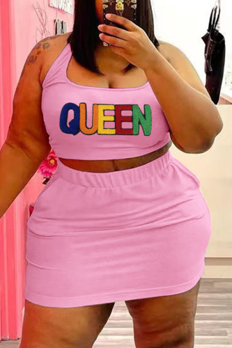 Pink Casual Print Patchwork U Neck Pencil Skirt Plus Size Two Pieces