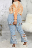 Baby Blue Fashion Casual Solid Ripped Mid Waist Regular Denim Jeans