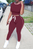 Burgundy Casual Sportswear Solid Split Joint O Neck Short Sleeve Two Pieces