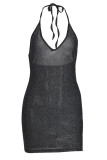 ブラック ファッション セクシー ソリッド バンデージ バックレス ホルター ノースリーブ ドレス ドレス