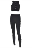 Black Fashion Sexy Solid Hollowed Out Vests Pants O Neck Sleeveless Two Pieces