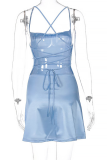 ブルーのセクシーなソリッドパッチワークオフショルダーペンシルスカートドレス