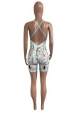 Witte Mode Sexy Print Backless Spaghetti Band Skinny Romper