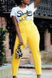 Gelbe, lässige, einfarbige Patchwork-Hose mit normaler hoher Taille und Bleistift