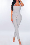 Grey Sexy Solid Bandage Patchwork Backless Halter Skinny Jumpsuits