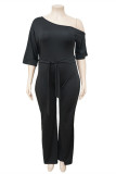 Black Fashion Casual Solid Basic Oblique Collar Plus Size Jumpsuits