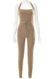 Khaki Sexy Solid Bandage Patchwork Backless Halter Skinny Jumpsuits