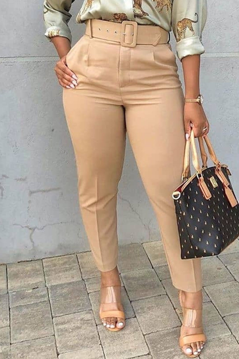 

Khaki Casual Solid Split Joint Regular High Waist Pencil Solid Color Bottoms