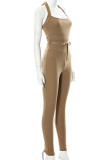 Khaki Sexy Solid Bandage Patchwork Backless Halter Skinny Jumpsuits