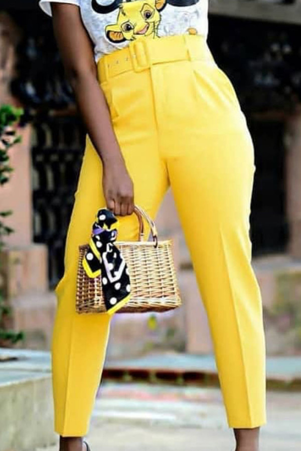 Amarillo Casual Retazos lisos Regular Cintura alta Lápiz Pantalones de color sólido