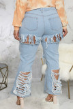 Baby Blue Fashion Casual Solide Ripped Mid Waist Regular Denim Jeans
