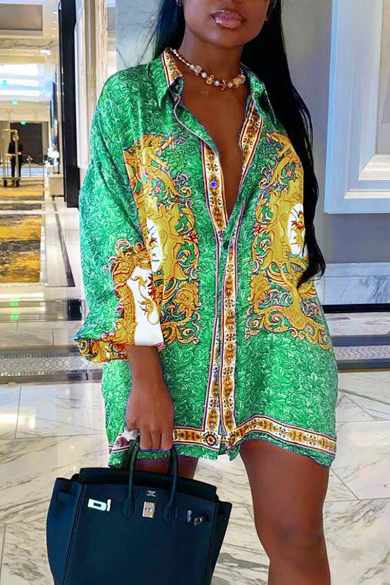 

Green Casual Print Split Joint Buckle Turndown Collar Shirt Dress Plus Size Dresses