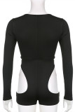 Zwarte mode sexy effen uitgeholde riem ontwerp V-hals skinny romper