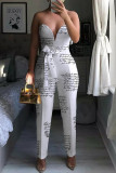 White Fashion Sexy Print Patchwork With Belt Strapless Straight Jumpsuits