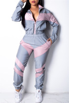 ピンク グレー ファッション カジュアル パッチワーク ソリッド パッチワーク ジッパーカラー 長袖 XNUMX 枚 (ポケットなし)