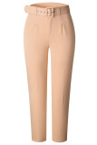 Khakifarbene, lässige, solide Patchwork-Hose mit normaler, hoher Taille und einfarbigem Bleistift