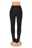 Pantalones lápiz de cintura alta flacos con abertura de frenillo sólido casual de moda negro