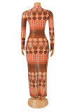 Multicolor Fashion Sexy Print Hollowed Out See-through Turtleneck Long Sleeve Dresses