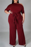 Red Fashion Casual Solid Basic Oblique Collar Plus Size Jumpsuits