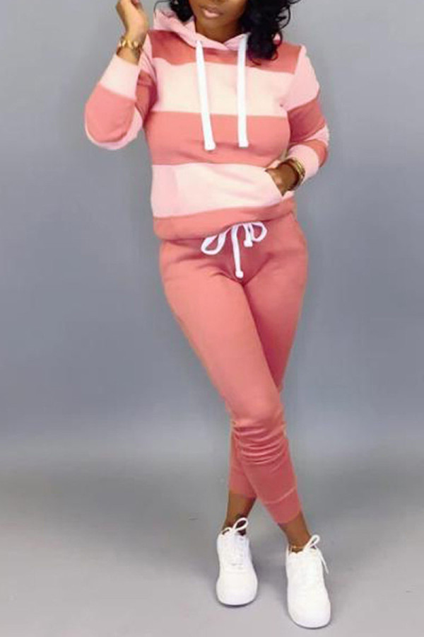 Розовый модный повседневный однотонный костюм из двух предметов для взрослых, полосатый лоскутный карандаш с длинным рукавом