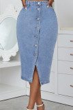 Faldas de mezclilla recta de cintura alta con hebilla de remiendo sólido casual de moda azul