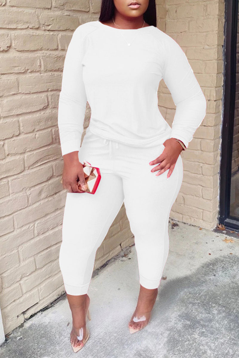 

White Casual Solid Split Joint O Neck Plus Size Two Pieces