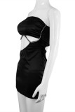 Zwarte sexy patchwork bandage uitgeholde backless strapless mouwloze jurk