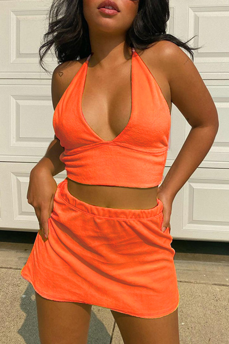 

Orange Fashion Sexy Solid Bandage Backless Halter Sleeveless Two Pieces