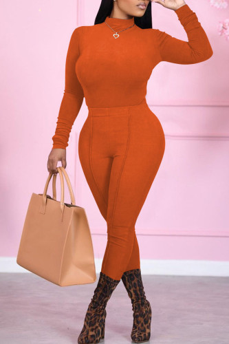 Orange Casual Solid Patchwork O Neck Long Sleeve Two Pieces