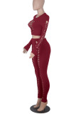Burgundy Sexy Solid Hollowed Out Patchwork O Neck Long Sleeve Two Pieces
